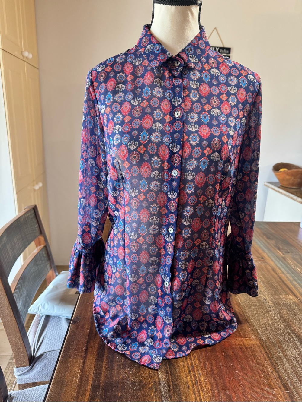 Gretchen Scott Designs Navy Blue Button-Down Shirt with Red Medallion Print